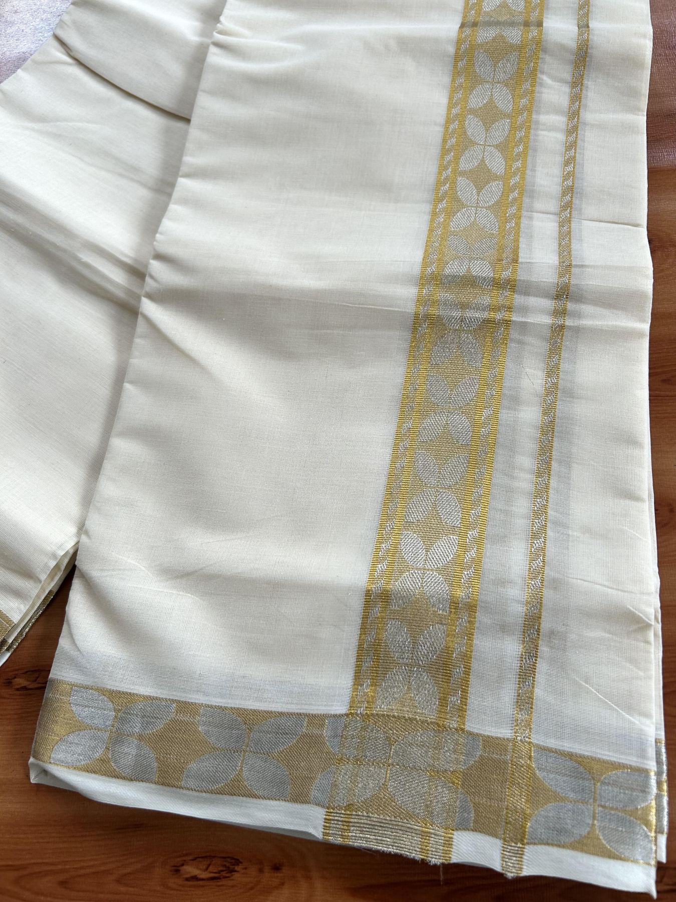 Double Off White (Unbleached) Mundu/Dhoti - 20% Discount! Kaitharikada Pure Cotton - 100x80 - 2 Inch Gold Kasav Jacquard Design Kara 4 mtr (8.5 muzham) - 55 KK5460 PMC