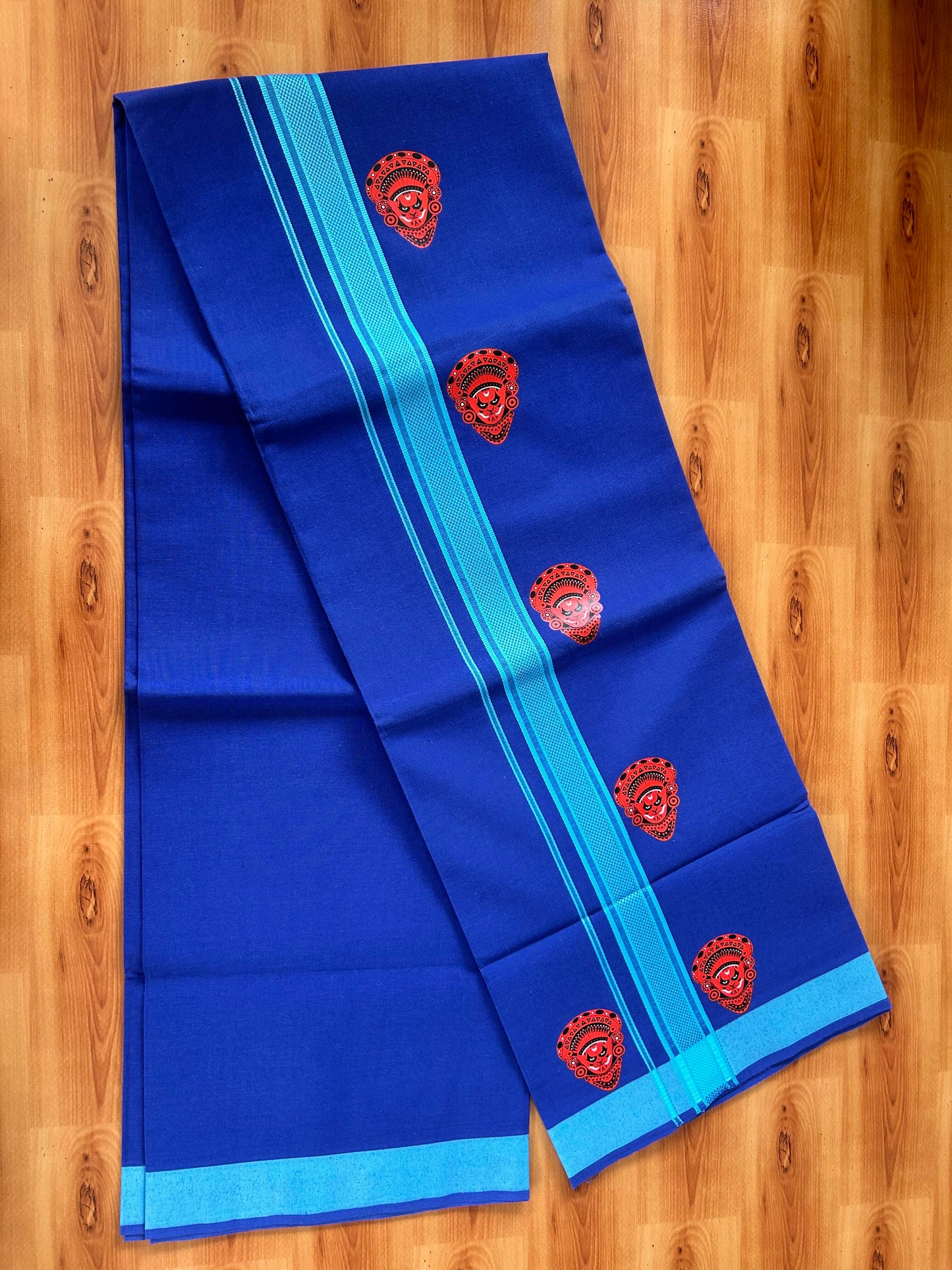 Single Kaily / Lungi- 20% Discount !! Kaitharikada - Pure Cotton - (40s) - 1.25 inch Light Blue Striped Theyyam Printed Design Kara with Dark Blue colour Body (2 meter / 4 muzham) - 10 KK8059 GAN