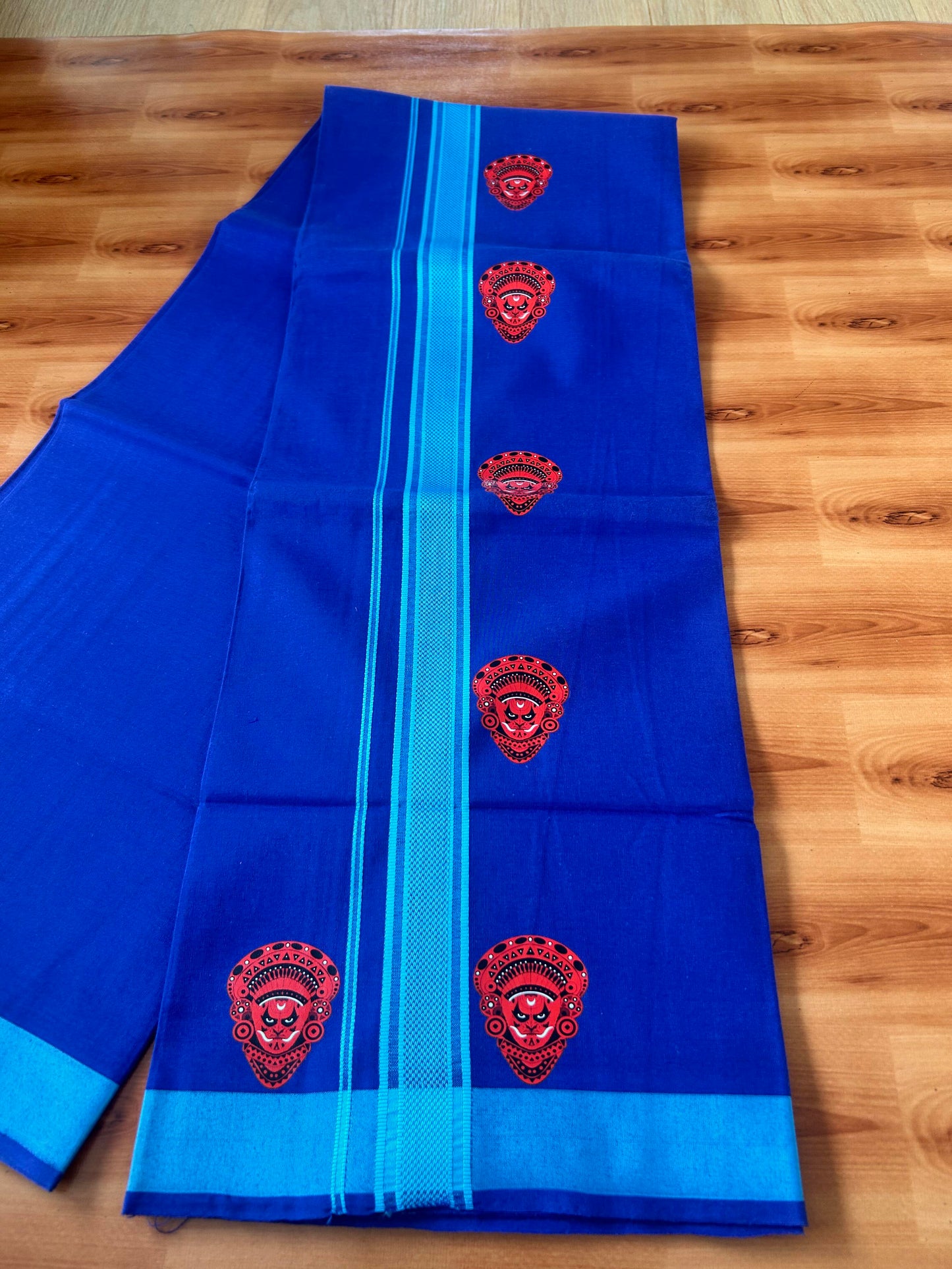 Single Kaily / Lungi- 20% Discount !! Kaitharikada - Pure Cotton - (40s) - 1.25 inch Light Blue Striped Theyyam Printed Design Kara with Dark Blue colour Body (2 meter / 4 muzham) - 10 KK8059 GAN