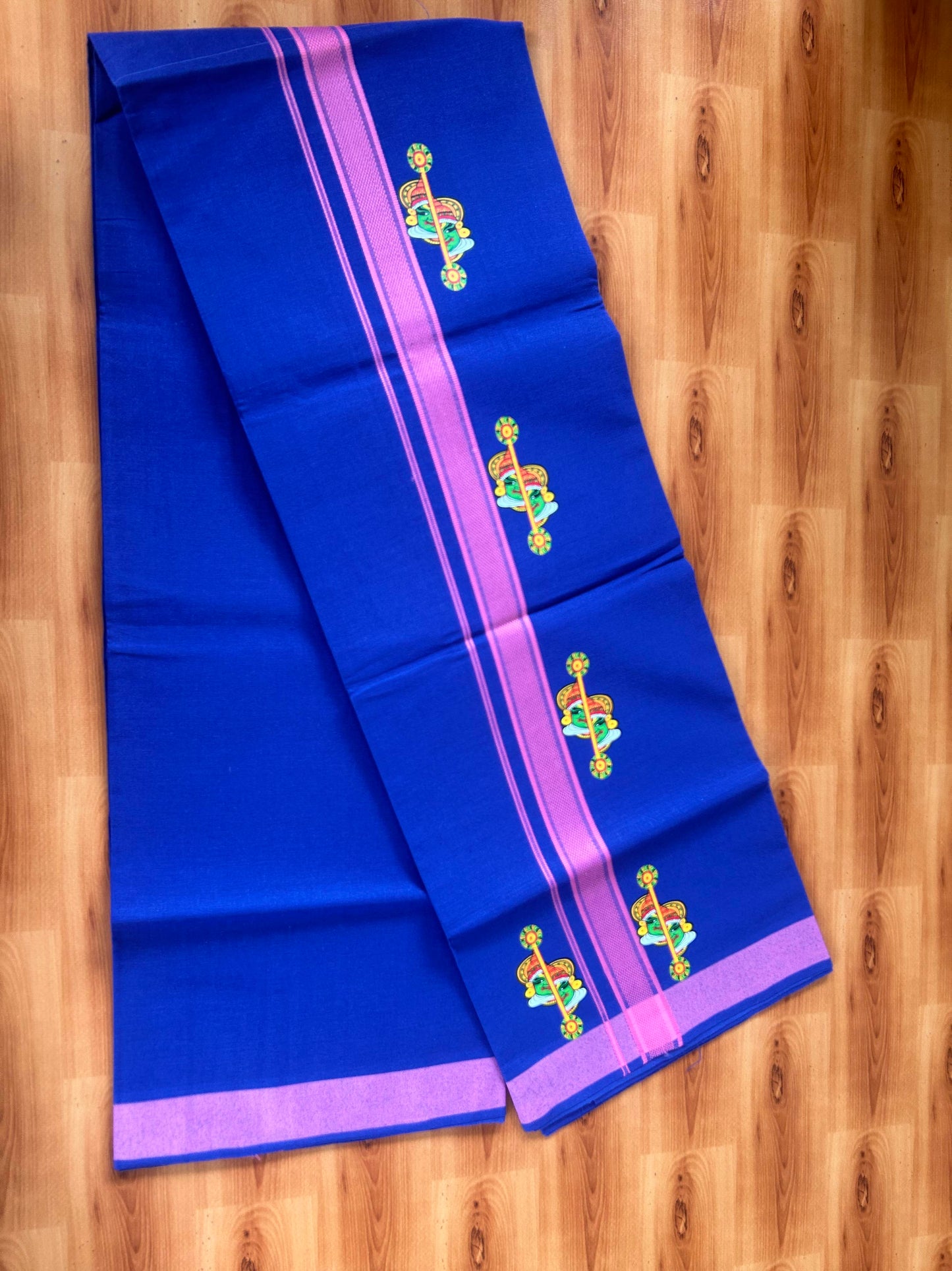 Single Kaily / Lungi- 20% Discount !! Kaitharikada - Pure Cotton - (40s) - 1.25 inch Pink Striped Kadhakali Printed Design Kara with Dark Blue colour Body (2 meter / 4 muzham) - 12 KK8059 GAN