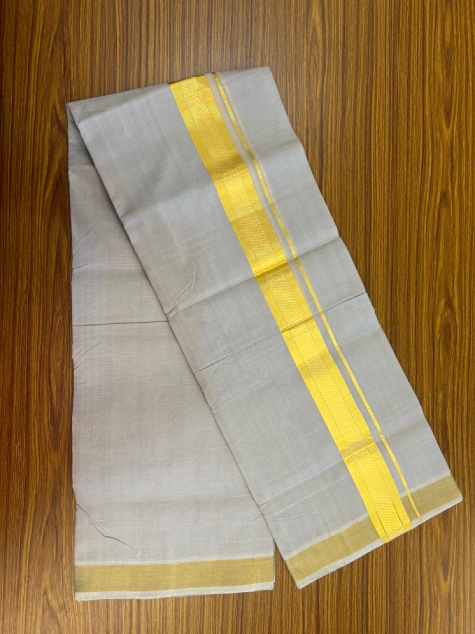 25% Discount! KaithariKada Handloom UNAKKUPAAV Balaramapuram - 100% Cotton Double Mundu/Dhoti - Light Ash Shaded Colour Body - 1.75 inch Gold Kasavu Striped Design Kara - 3 KK5272 YAR