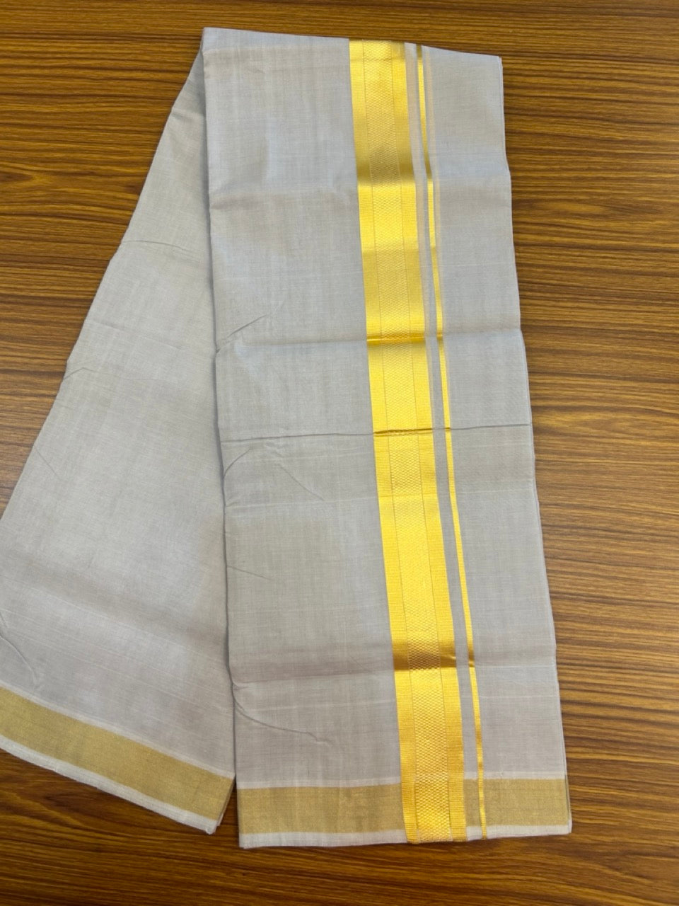25% Discount! KaithariKada Handloom UNAKKUPAAV Balaramapuram - 100% Cotton Double Mundu/Dhoti - Light Ash Shaded Colour Body - 1.75 inch Gold Kasavu Striped Design Kara - 3 KK5272 YAR