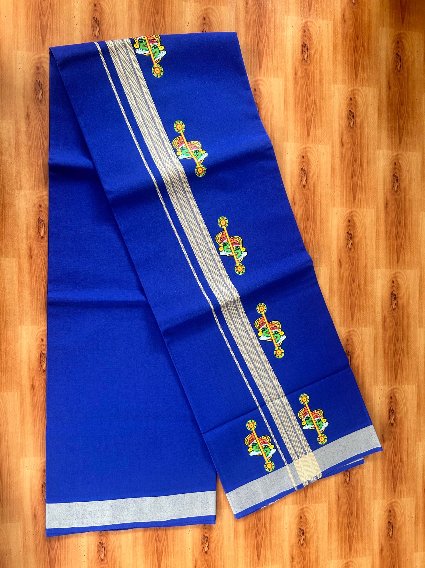 Single Kaily / Lungi- 20% Discount !! Kaitharikada - Pure Cotton - (40s) - 1.25 inch Cream Striped kathakali Printed Design Kara with Dark Blue colour Body (2 meter / 4 muzham) - 8 KK8059 GAN