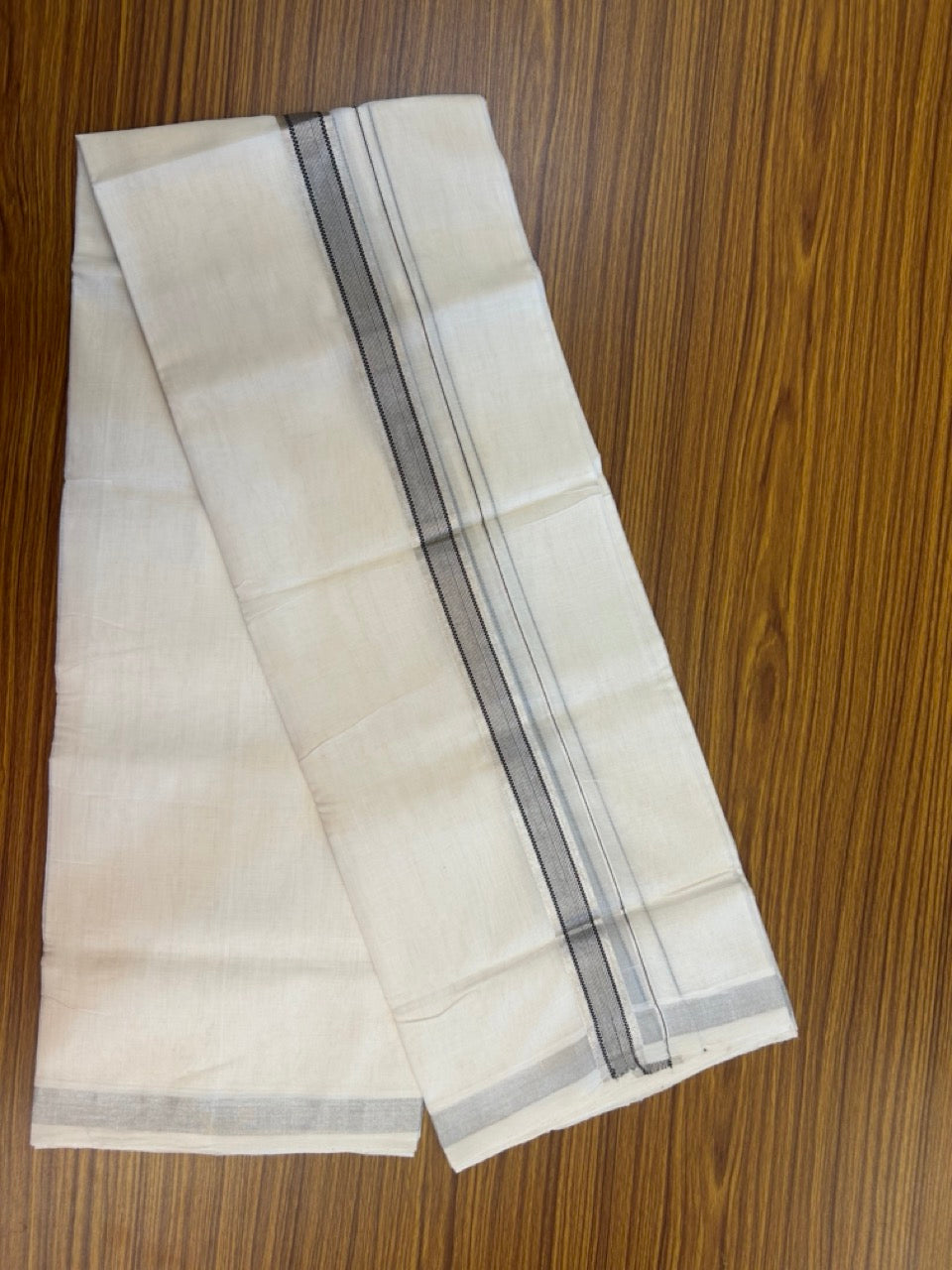 25% DISCOUNT! KaithariKada BALARAMAPURAM HANDLOOM UNAKKUPAAV - 100% PURE Cotton Off white (Unbleached) Double Mundu/Dhoti - 1.25 inch Silver Kasavu & Muthukkuri Black Striped Kara (8.5 Muzham) - 5 KK5272 YAR