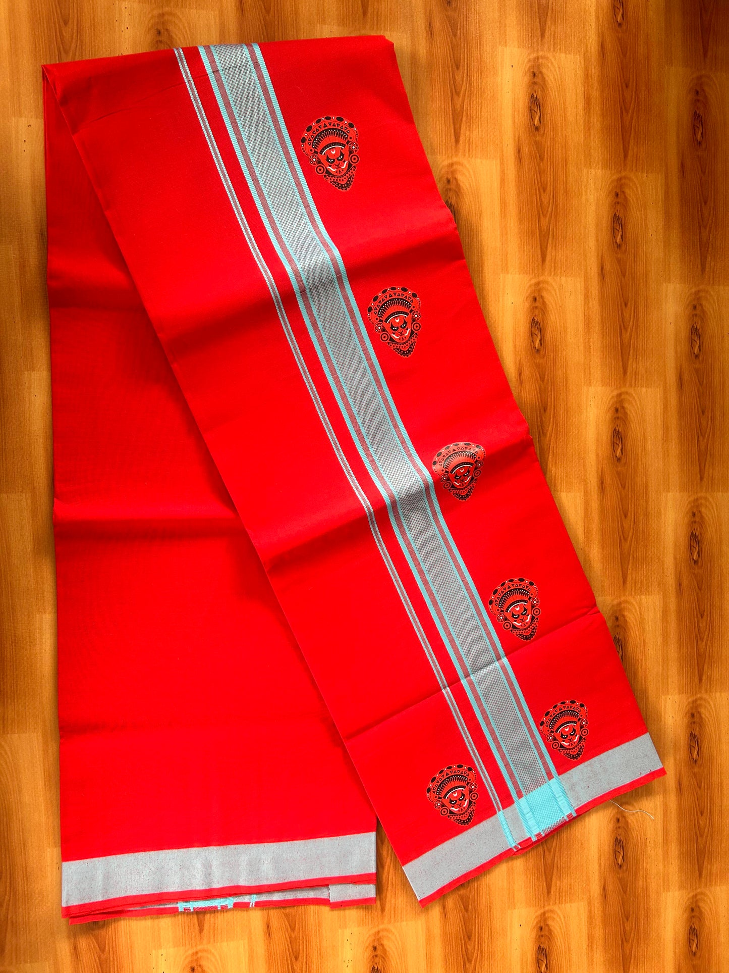 Single Kaily / Lungi- 20% Discount !! Kaitharikada - Pure Cotton - (40s) - 1.25 inch Light Blue Striped Theyyam Printed Design Kara with Chilly Red colour Body (2 meter / 4 muzham) - 22 KK8059 GAN