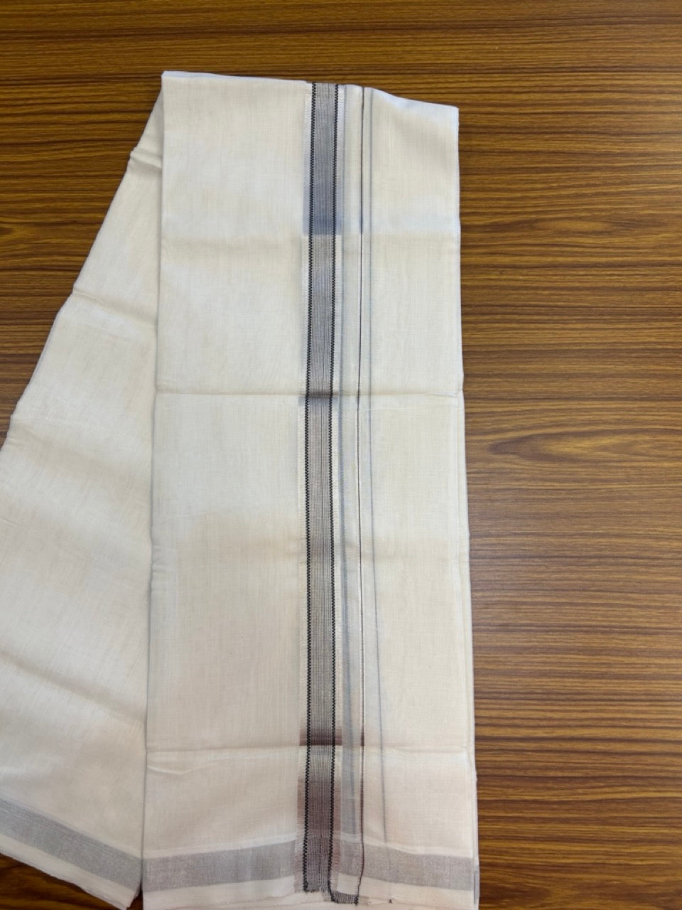 25% DISCOUNT! KaithariKada BALARAMAPURAM HANDLOOM UNAKKUPAAV - 100% PURE Cotton Off white (Unbleached) Double Mundu/Dhoti - 1.25 inch Silver Kasavu & Muthukkuri Black Striped Kara (8.5 Muzham) - 5 KK5272 YAR