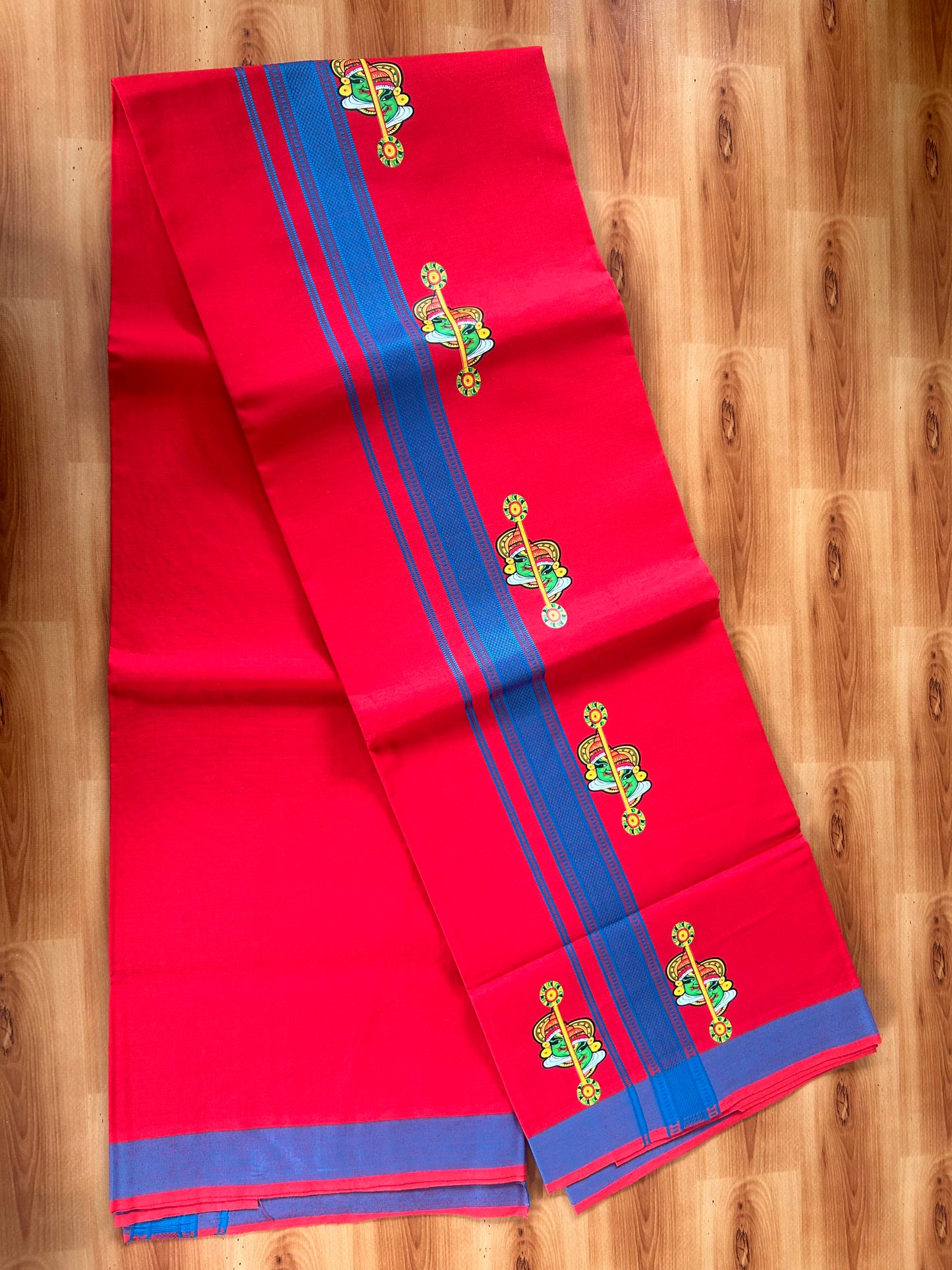 Single Kaily / Lungi- 20% Discount !! Kaitharikada - Pure Cotton - (40s) - 1.25 inch Peacock Blue Striped Kadhakali Printed Design Kara with Chilly Red colour Body (2 meter / 4 muzham) - 23 KK8059 GAN