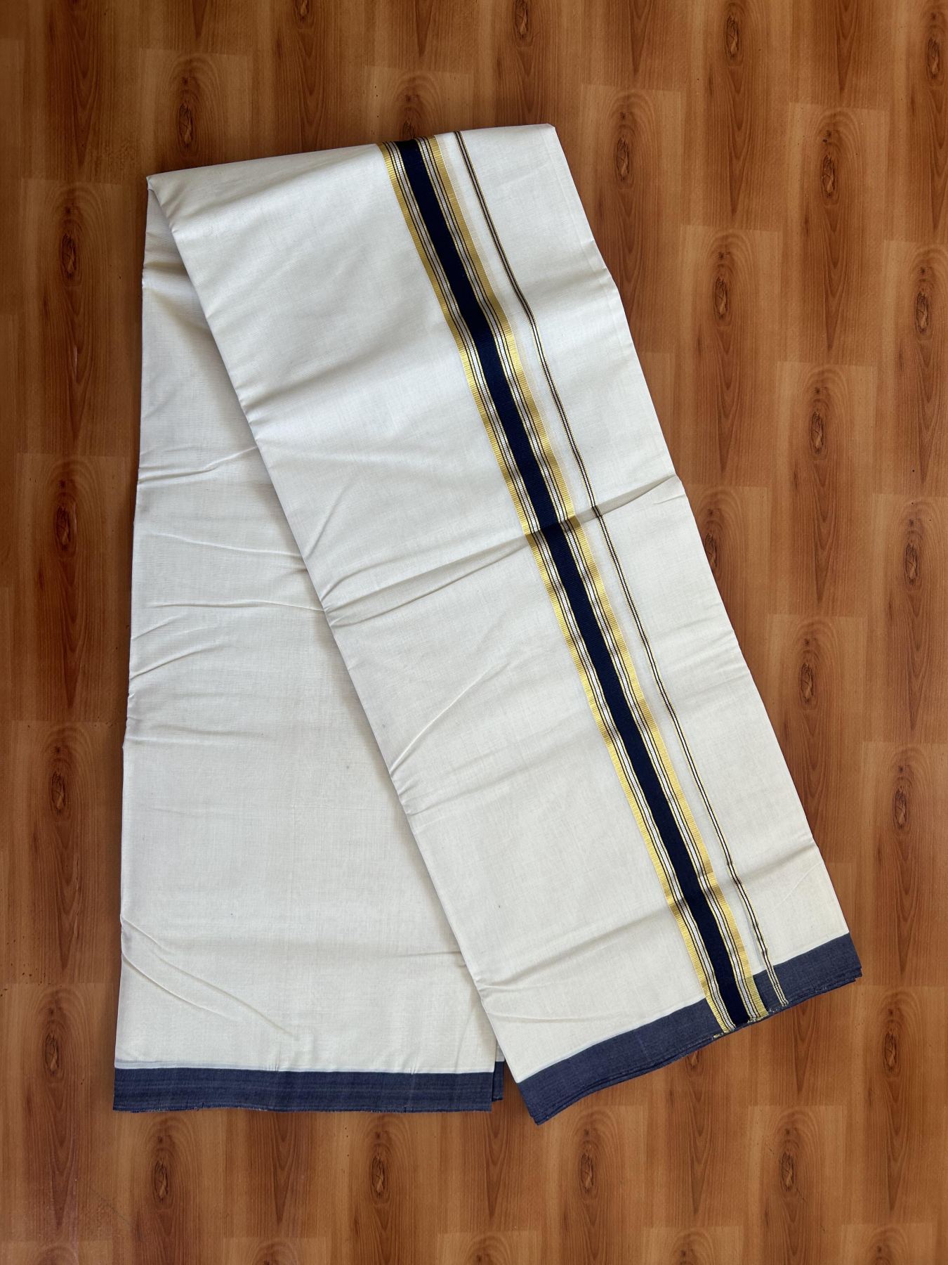 25% Discount! KaithariKada Handloom Millpaav - Kerala Handloom - Cotton Double Mundu/Dhoti Off white (Unbleached) - 80x90 - 1.5 inch Gold & Silver Kasav Navy Blue Stripes Kara 4.00 meter (8.5 Muzham) - 111 KK5383 RAM