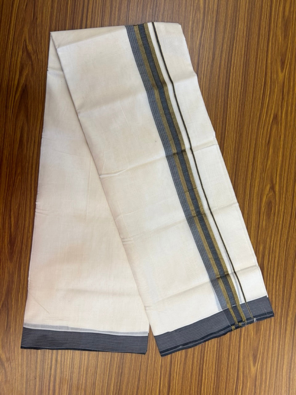 25% DISCOUNT! KaithariKada BALARAMAPURAM HANDLOOM UNAKKUPAAV - 100% PURE Cotton Off white (Unbleached) Double Mundu/Dhoti - 1.75 inch Gold Kasav & Muthukkuri Black Shaded Striped Kara (8.5 Muzham) - 6 KK5272 YAR