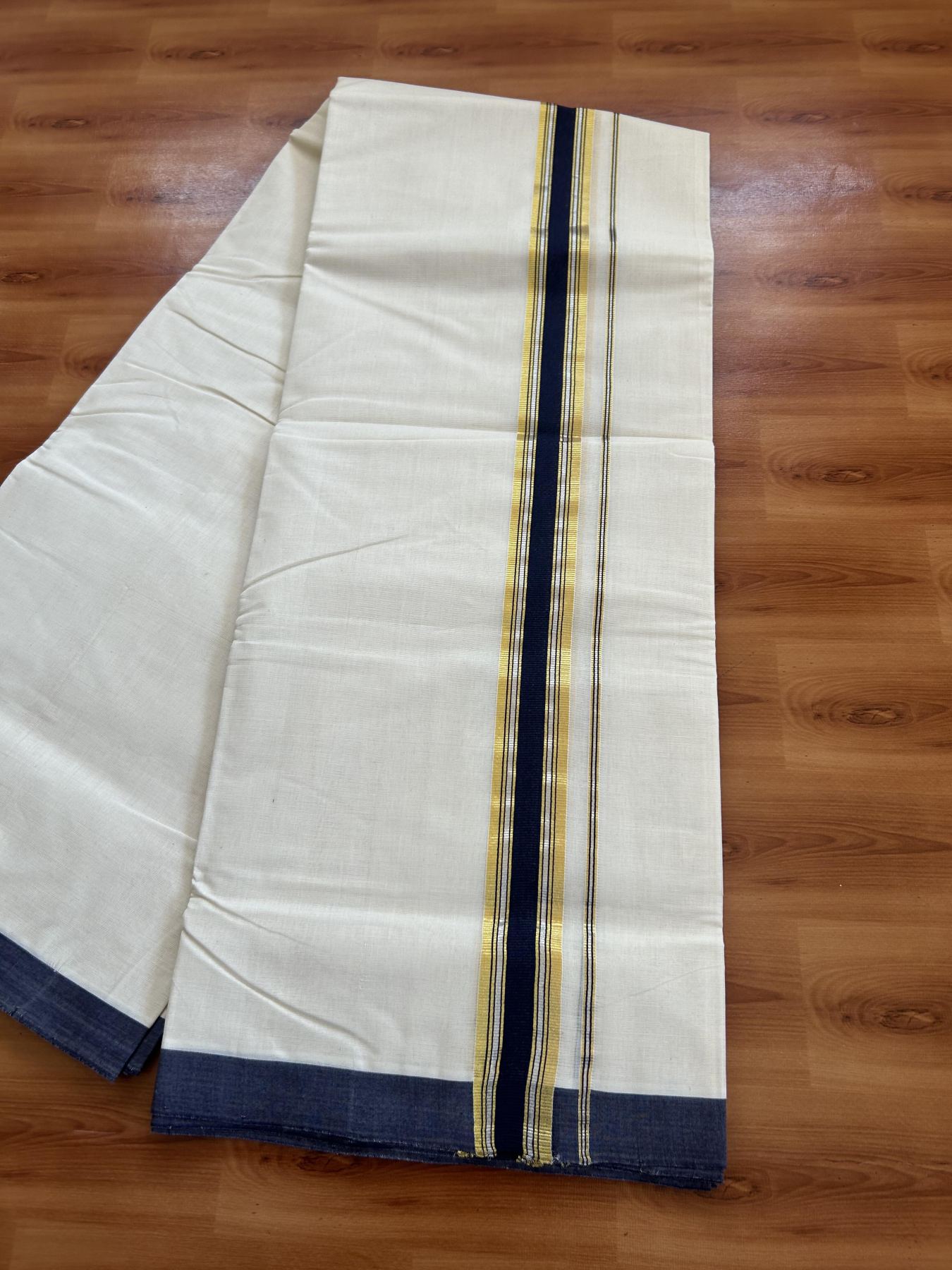 25% Discount! KaithariKada Handloom Millpaav - Kerala Handloom - Cotton Double Mundu/Dhoti Off white (Unbleached) - 80x90 - 1.5 inch Gold & Silver Kasav Navy Blue Stripes Kara 4.00 meter (8.5 Muzham) - 111 KK5383 RAM