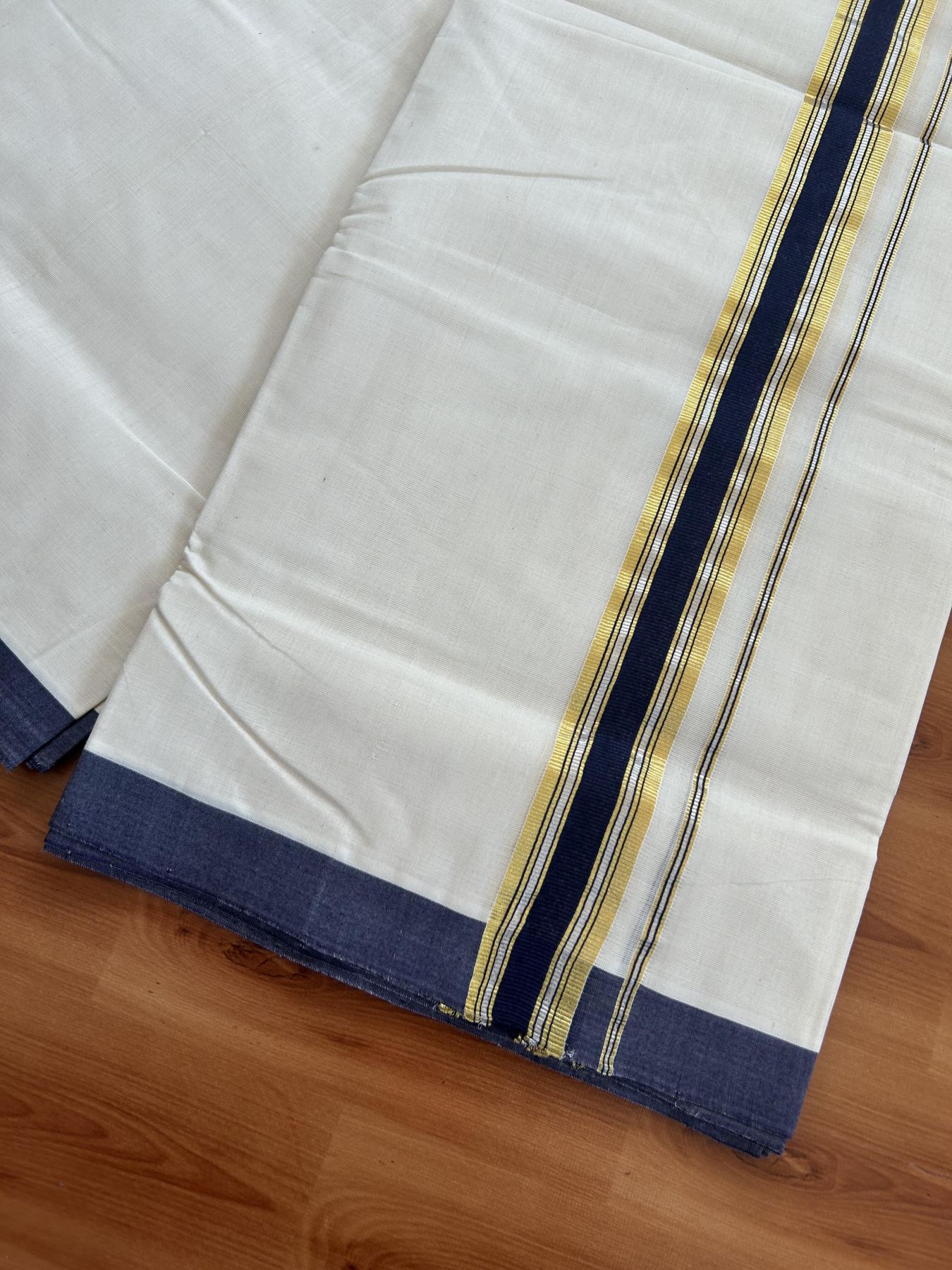 25% Discount! KaithariKada Handloom Millpaav - Kerala Handloom - Cotton Double Mundu/Dhoti Off white (Unbleached) - 80x90 - 1.5 inch Gold & Silver Kasav Navy Blue Stripes Kara 4.00 meter (8.5 Muzham) - 111 KK5383 RAM