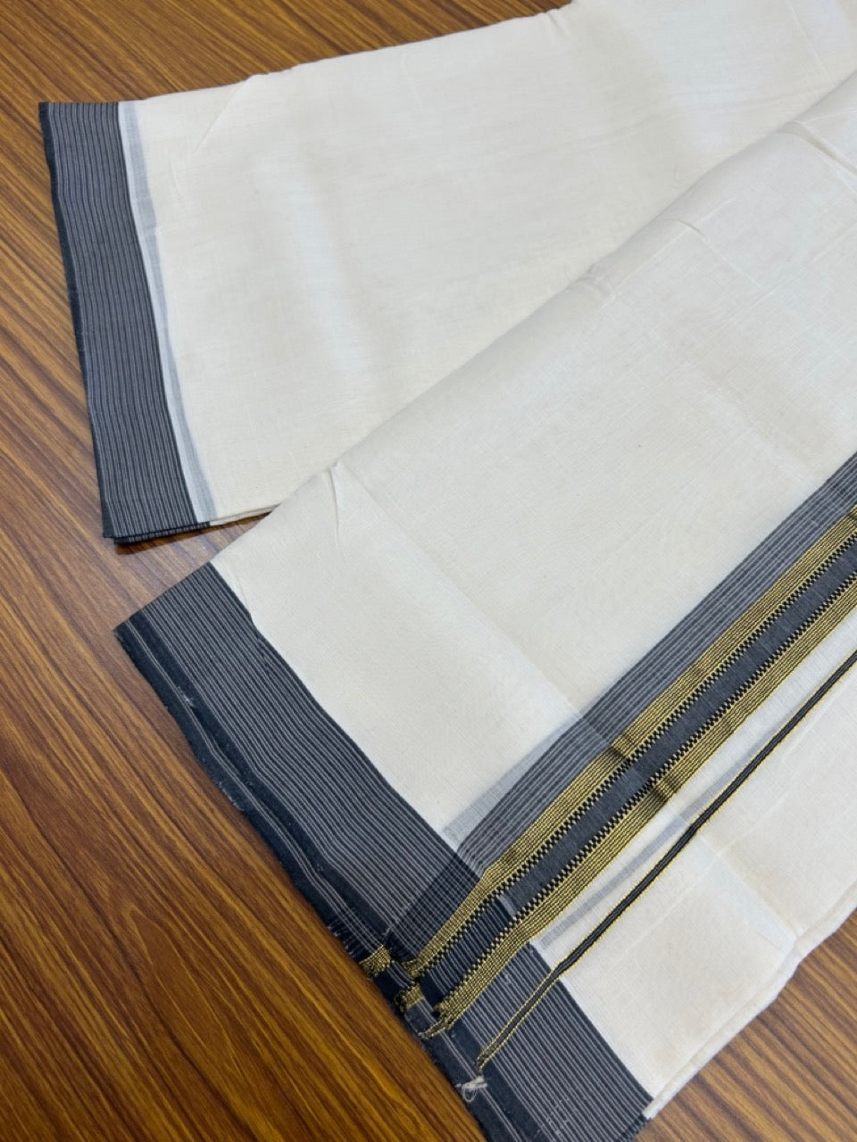 25% DISCOUNT! KaithariKada BALARAMAPURAM HANDLOOM UNAKKUPAAV - 100% PURE Cotton Off white (Unbleached) Double Mundu/Dhoti - 1.75 inch Gold Kasav & Muthukkuri Black Shaded Striped Kara (8.5 Muzham) - 6 KK5272 YAR