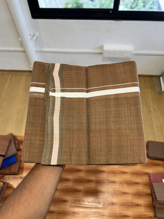 Kerala Handloom Single Kaily/Lungi - KaithariKada 100% Pure Cotton - 40s - 0.5 cm White Kara With Dark Sage Green & Dark Kavi colour Body - (2 meter / 4 muzham) - 17 KK8065 ELA