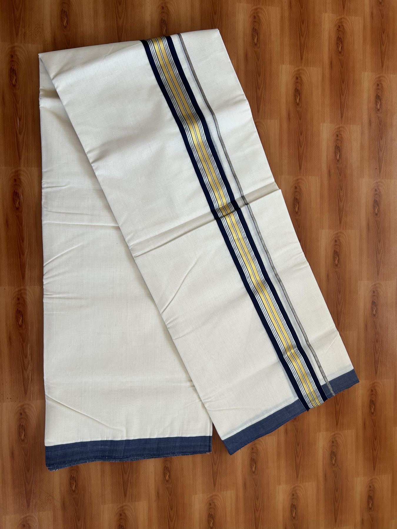 25% Discount! KaithariKada Handloom Millpaav - Kerala Handloom - Cotton Double Mundu/Dhoti Off white (Unbleached) - 80x90 - 1.75 inch Gold & Silver Kasav Navy Blue Stripes Kara 4.00 meter (8.5 Muzham) - 109 KK5383 RAM