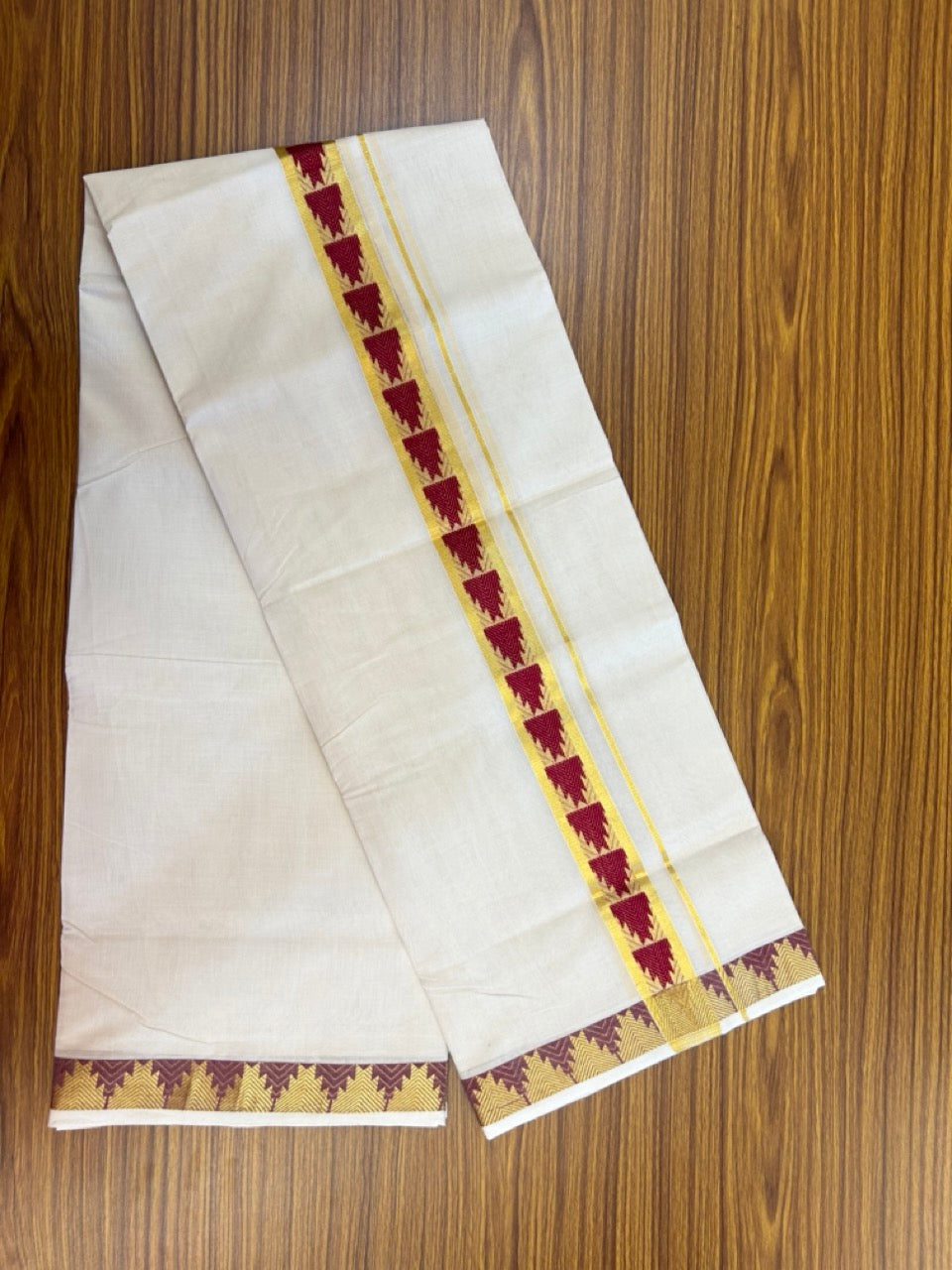 25% DISCOUNT ! KaithariKada HANDLOOM Unakkupaav Balaramapuram - 100% PURE Cotton OFF WHITE - (Unbleached) Double Mundu/Dhoti - 80x90 - 1.5 inch Gold Kasavu & Maroon Red Temple Jacquard Design Kara 4 mtr (8.5 Muzham) - 8 KK5272 ABH