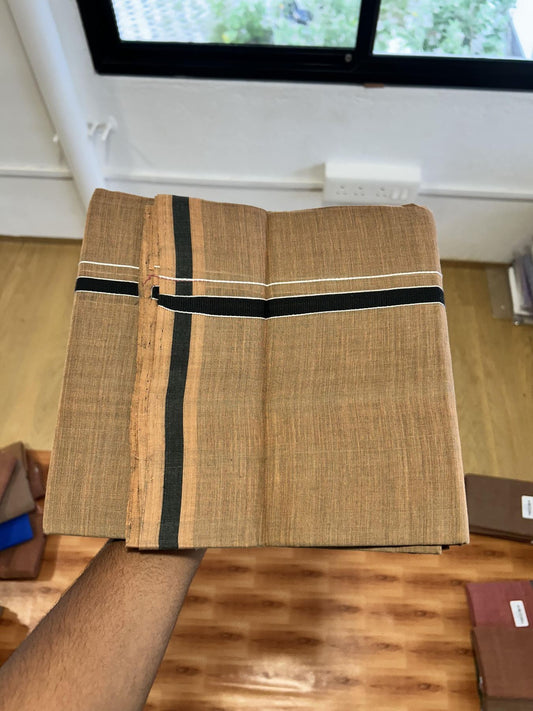 Kerala Handloom Single Kaily/Lungi - KaithariKada 100% Pure Cotton - 40s - 0.5 cm White & Black Kara With Sage Green ,Dark Kavi colour Body - (2 meter / 4 muzham) - 10 KK8065 ELA