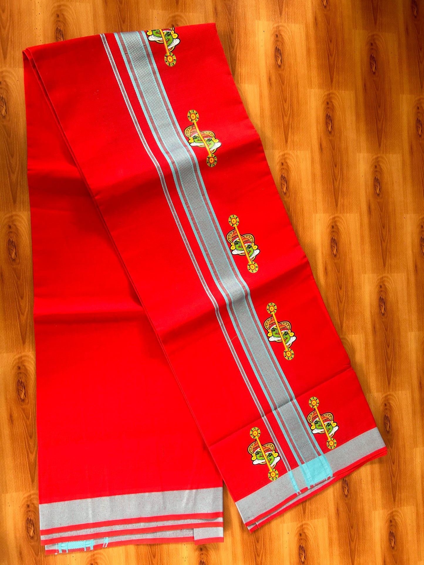 Single Kaily / Lungi- 20% Discount !! Kaitharikada - Pure Cotton - (40s) - 1.25 inch Light Blue Striped Kadhakali Printed Design Kara with Chilly Red colour Body (2 meter / 4 muzham) - 24 KK8059 GAN