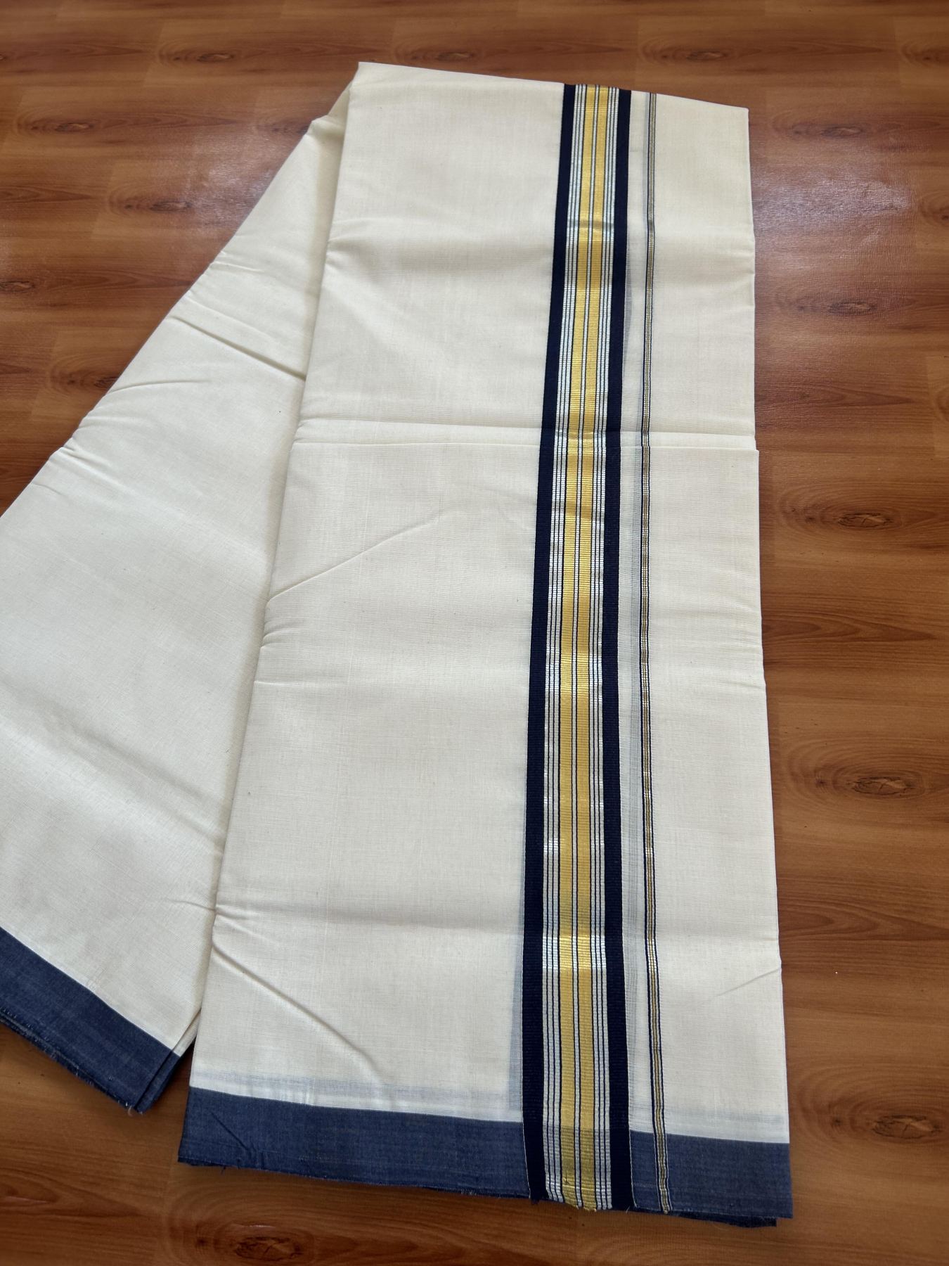 25% Discount! KaithariKada Handloom Millpaav - Kerala Handloom - Cotton Double Mundu/Dhoti Off white (Unbleached) - 80x90 - 1.75 inch Gold & Silver Kasav Navy Blue Stripes Kara 4.00 meter (8.5 Muzham) - 109 KK5383 RAM