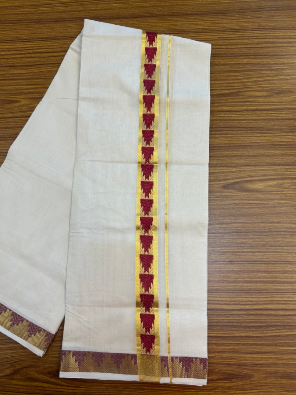 25% DISCOUNT ! KaithariKada HANDLOOM Unakkupaav Balaramapuram - 100% PURE Cotton OFF WHITE - (Unbleached) Double Mundu/Dhoti - 80x90 - 1.5 inch Gold Kasavu & Maroon Red Temple Jacquard Design Kara 4 mtr (8.5 Muzham) - 8 KK5272 ABH