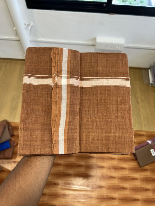 Kerala Handloom Single Kaily/Lungi - KaithariKada 100% Pure Cotton - 40s - 0.5 cm White Stripes Kara With Dark Kavi colour Body - (2 meter / 4 muzham) - 13 KK8065 ELA