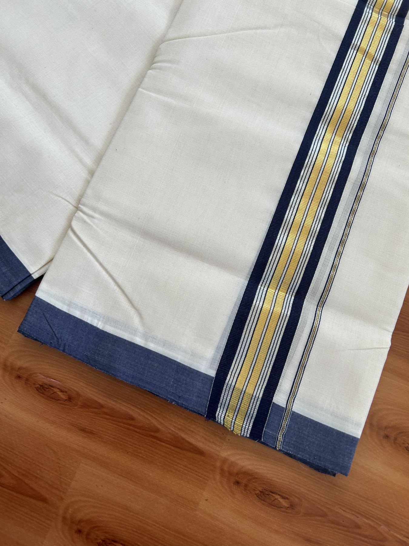 25% Discount! KaithariKada Handloom Millpaav - Kerala Handloom - Cotton Double Mundu/Dhoti Off white (Unbleached) - 80x90 - 1.75 inch Gold & Silver Kasav Navy Blue Stripes Kara 4.00 meter (8.5 Muzham) - 109 KK5383 RAM