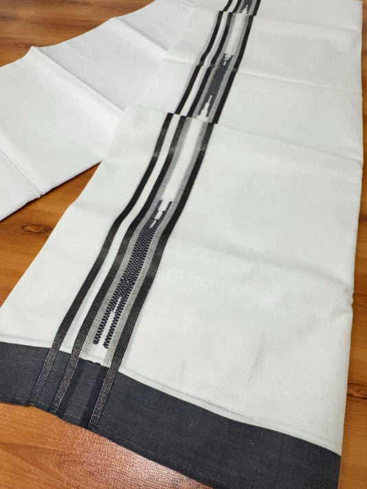 Pure white Double Mundu/Dhoti - 20% Discount! KaithariKada 100% Cotton - 100X80 - 1.75 inch Silver Kasav Black Jacquard Kara - 3.90 mtr (8.5 muzham) - 12 KK5480 CKS