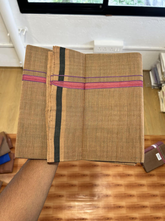 Kerala Handloom Single Kaily/Lungi - KaithariKada 100% Pure Cotton - 40s - 0.5 cm Purple & Onion Pink Kara With Sage Green , Dark Kavi colour Body - (2 meter / 4 muzham) - 10 KK8065 ELA