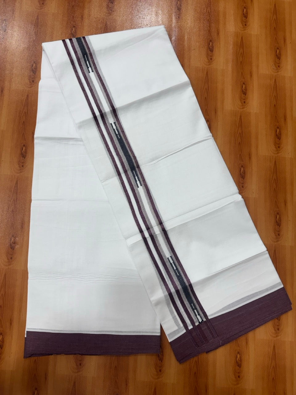 Pure white Double Mundu/Dhoti - 20% Discount! KaithariKada 100% Cotton - 100X80 - 1.75 inch Silver Kasav Maroon Jacquard Kara - 3.90 mtr (8.5 muzham) - 13 KK5480 CKS