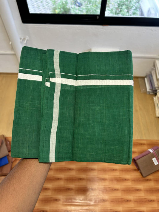 Kerala Handloom Single Kaily/Lungi - KaithariKada 100% Pure Cotton - 40s - 0.5 cm White Stripes Kara With Green colour Body - (2 meter / 4 muzham) - 3 KK8065 ELA