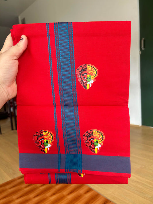 Single Kaily / Lungi- 20% Discount !! Kaitharikada - Pure Cotton - (40s) - 1.25 inch Peacock Blue Striped Theyyam & Kadhakali Printed Design Kara with Chilly Red colour Body (2 meter / 4 muzham) - 25 KK8059 GAN