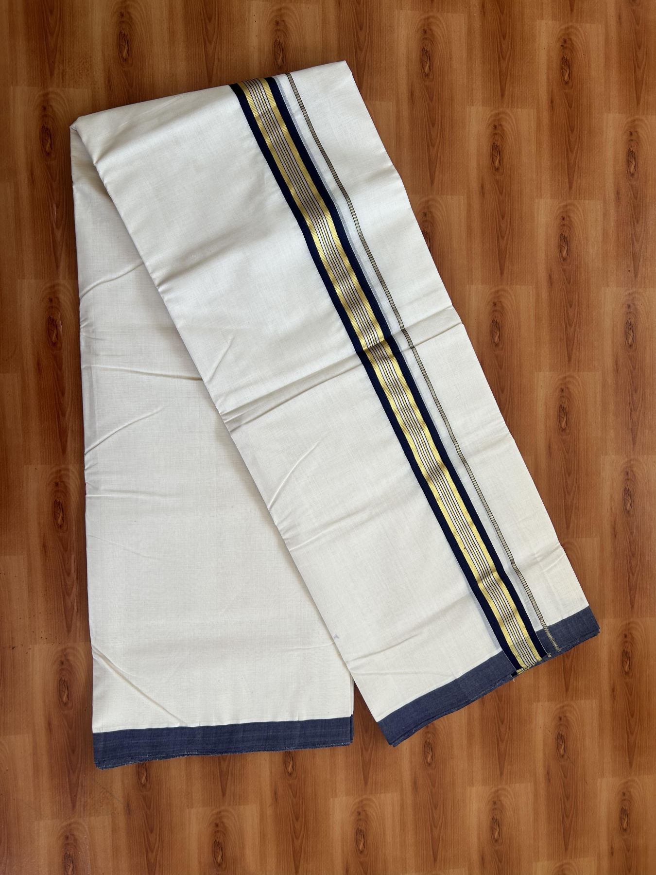 25% Discount! KaithariKada Handloom Millpaav - Kerala Handloom - Cotton Double Mundu/Dhoti Off white (Unbleached) - 80x90 - 1.5 inch Gold & Silver Kasav Navy Blue Stripes Kara 4.00 meter (8.5 Muzham) - 110 KK5383 RAM