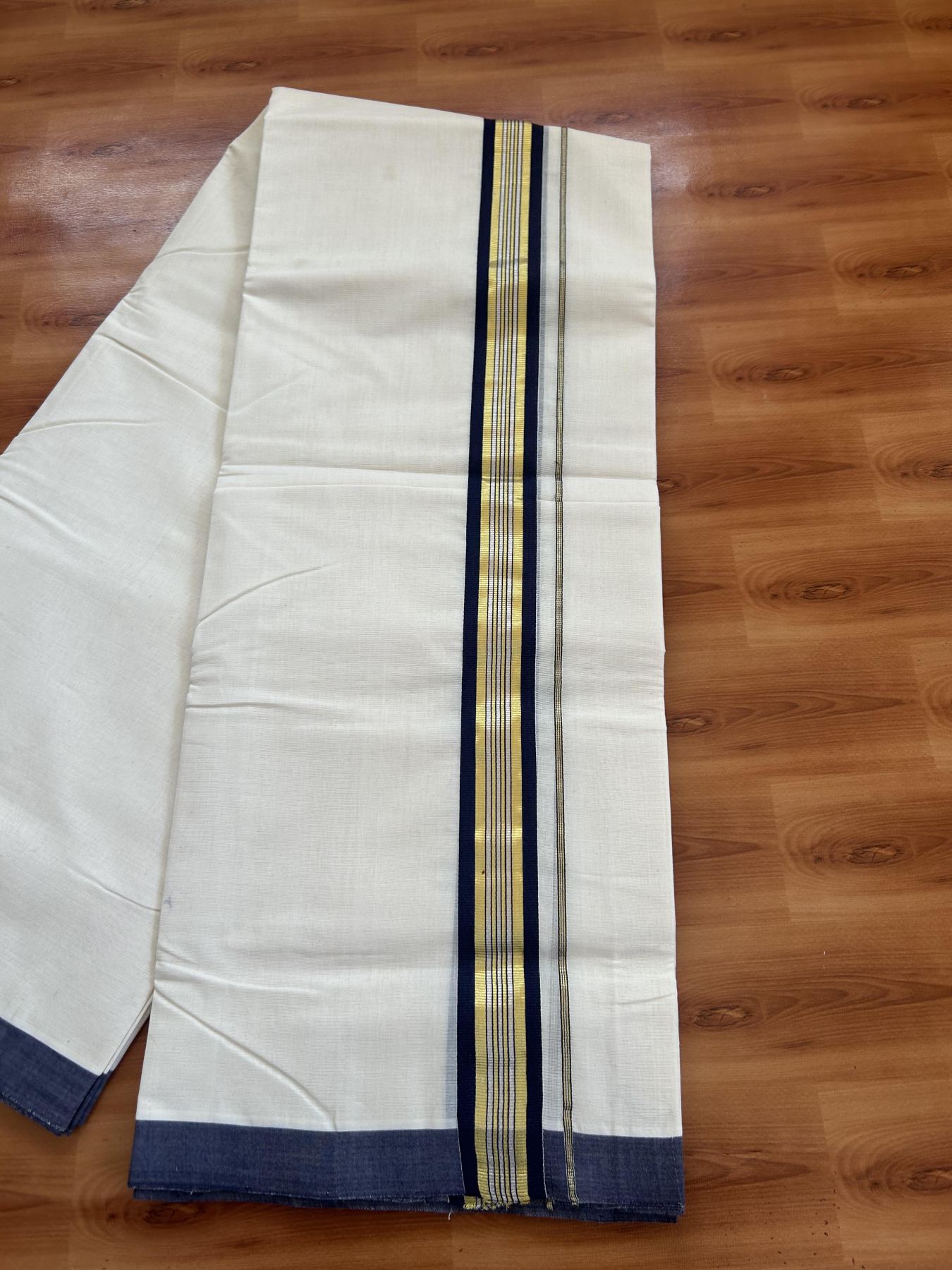 25% Discount! KaithariKada Handloom Millpaav - Kerala Handloom - Cotton Double Mundu/Dhoti Off white (Unbleached) - 80x90 - 1.5 inch Gold & Silver Kasav Navy Blue Stripes Kara 4.00 meter (8.5 Muzham) - 110 KK5383 RAM