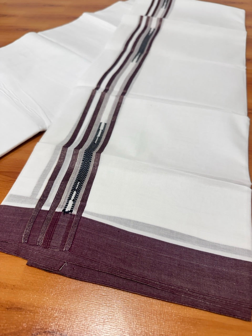 Pure white Double Mundu/Dhoti - 20% Discount! KaithariKada 100% Cotton - 100X80 - 1.75 inch Silver Kasav Maroon Jacquard Kara - 3.90 mtr (8.5 muzham) - 13 KK5480 CKS