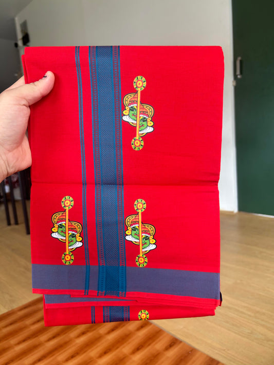 Single Kaily / Lungi- 20% Discount !! Kaitharikada - Pure Cotton - (40s) - 1.25 inch Peacock Blue Striped Kadhakali Printed Design Kara with Chilly Red colour Body (2 meter / 4 muzham) - 23 KK8059 GAN