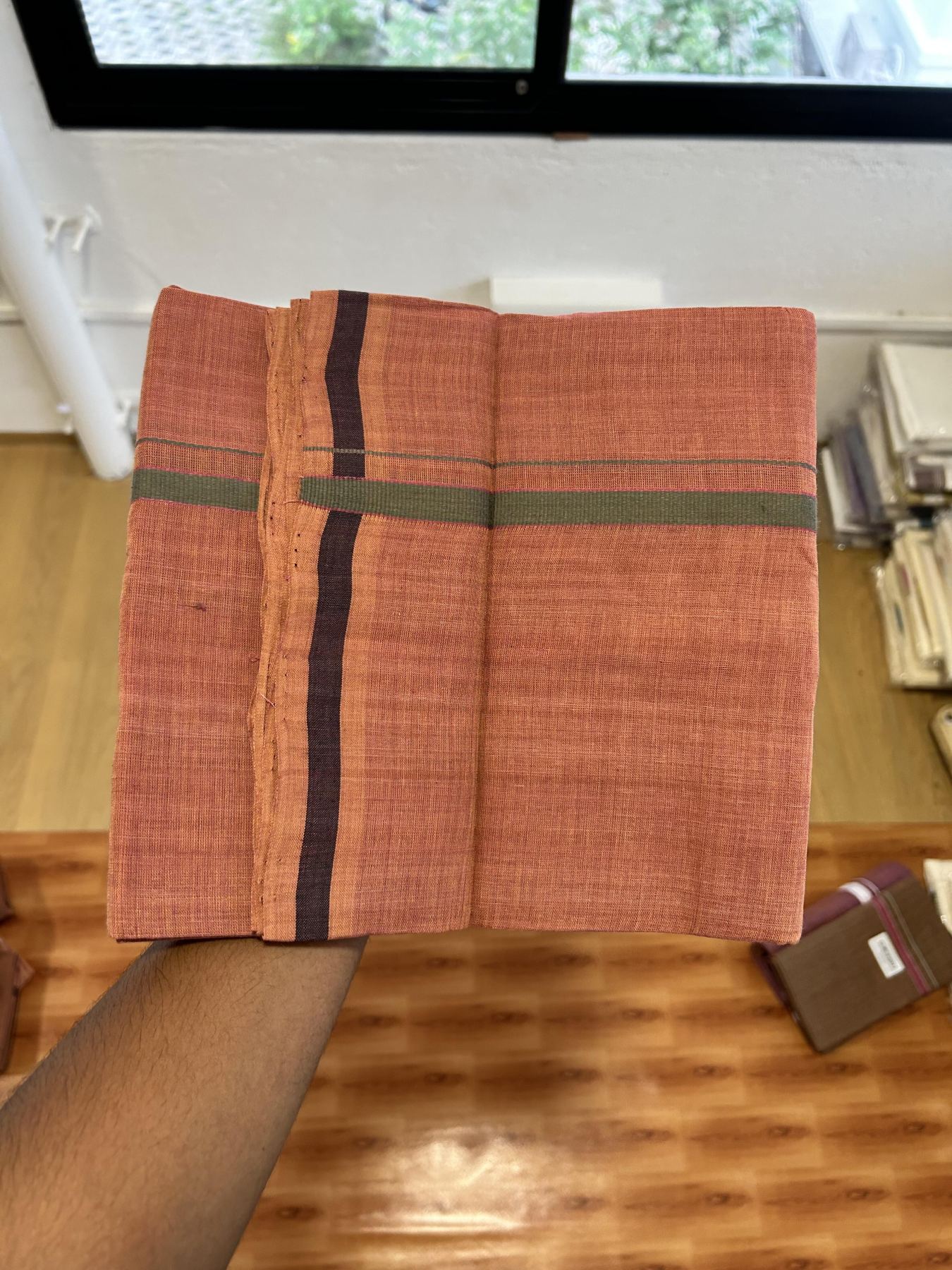 Kerala Handloom Single Kaily/Lungi - KaithariKada 100% Pure Cotton - 40s - 0.5 cm Sage Green & Purple Kara With Onion Pink, Kavi colour Body - (2 meter / 4 muzham) - 7 KK8065 ELA