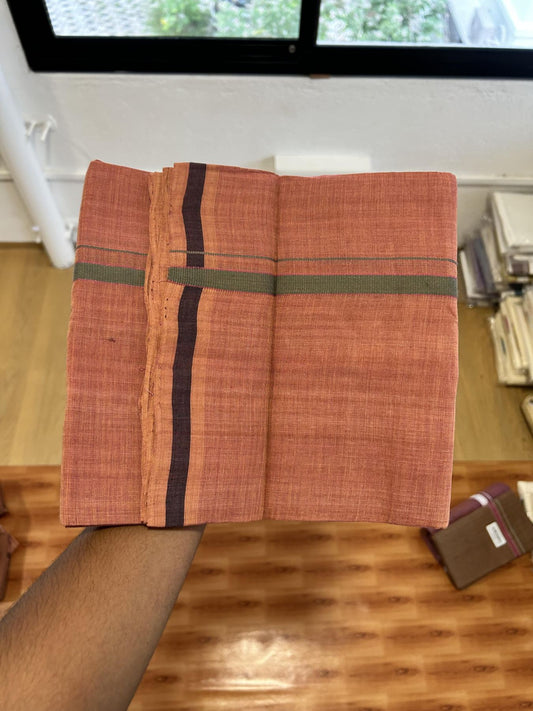 Kerala Handloom Single Kaily/Lungi - KaithariKada 100% Pure Cotton - 40s - 0.5 cm Sage Green & Purple Kara With Onion Pink, Kavi colour Body - (2 meter / 4 muzham) - 7 KK8065 ELA