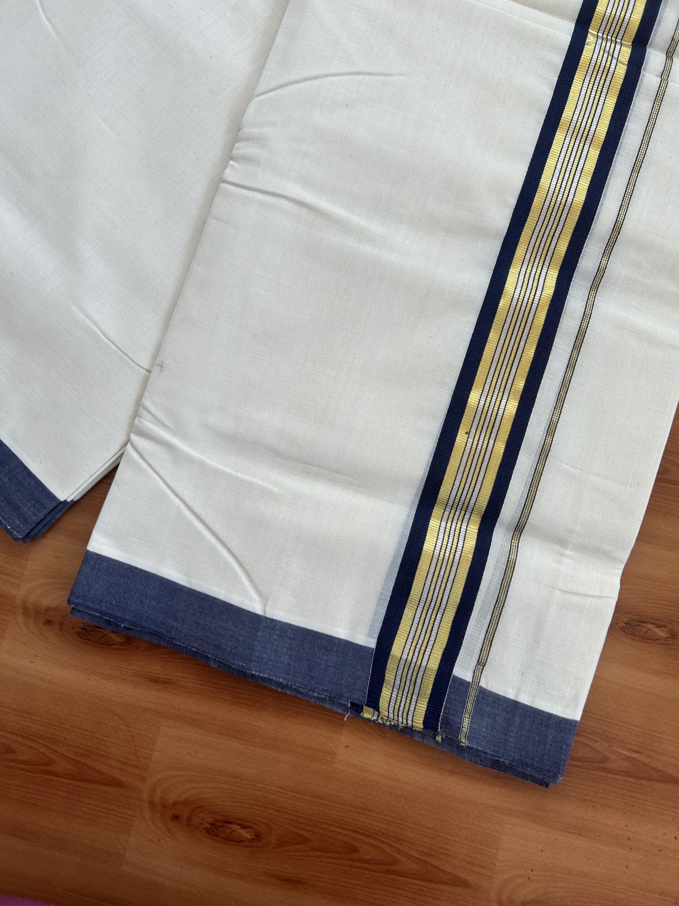 25% Discount! KaithariKada Handloom Millpaav - Kerala Handloom - Cotton Double Mundu/Dhoti Off white (Unbleached) - 80x90 - 1.5 inch Gold & Silver Kasav Navy Blue Stripes Kara 4.00 meter (8.5 Muzham) - 110 KK5383 RAM