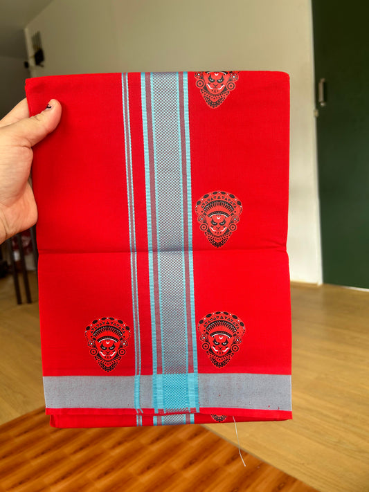 Single Kaily / Lungi- 20% Discount !! Kaitharikada - Pure Cotton - (40s) - 1.25 inch Light Blue Striped Theyyam Printed Design Kara with Chilly Red colour Body (2 meter / 4 muzham) - 22 KK8059 GAN