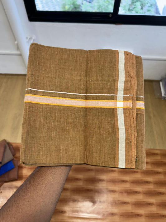 Kerala Handloom Single Kaily/Lungi - KaithariKada 100% Pure Cotton - 40s - 0.5 cm White & Orange Kara With Sage Green , Kavi colour Body - (2 meter / 4 muzham) - 9 KK8065 ELA