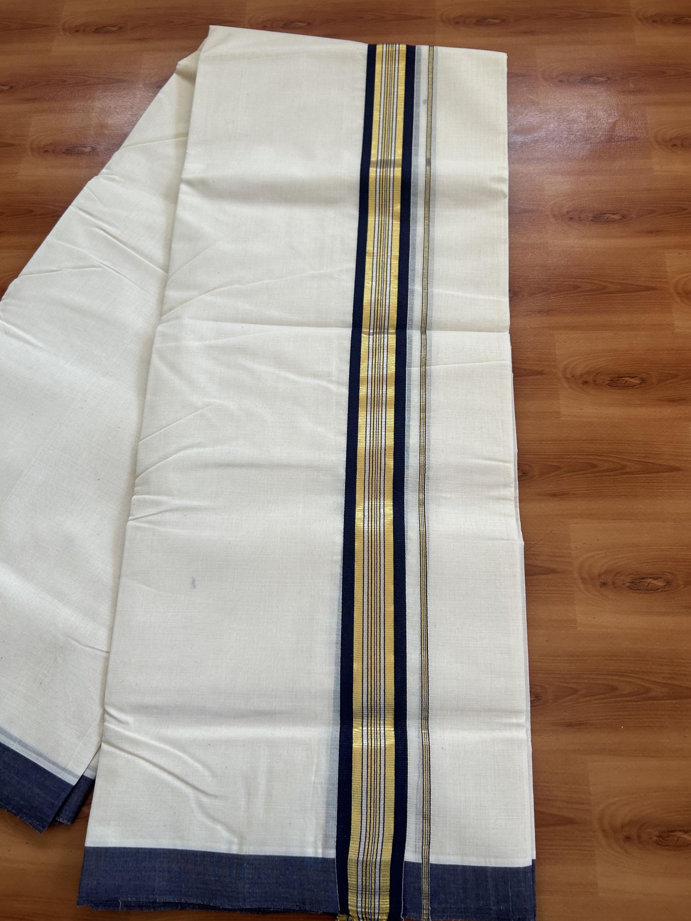 25% Discount! KaithariKada Handloom Millpaav - Kerala Handloom - Cotton Double Mundu/Dhoti Off white (Unbleached) - 80x90 - 1.5 inch Gold & Silver Kasav Navy Blue Stripes Kara 4.00 meter (8.5 Muzham) - 112 KK5383 RAM