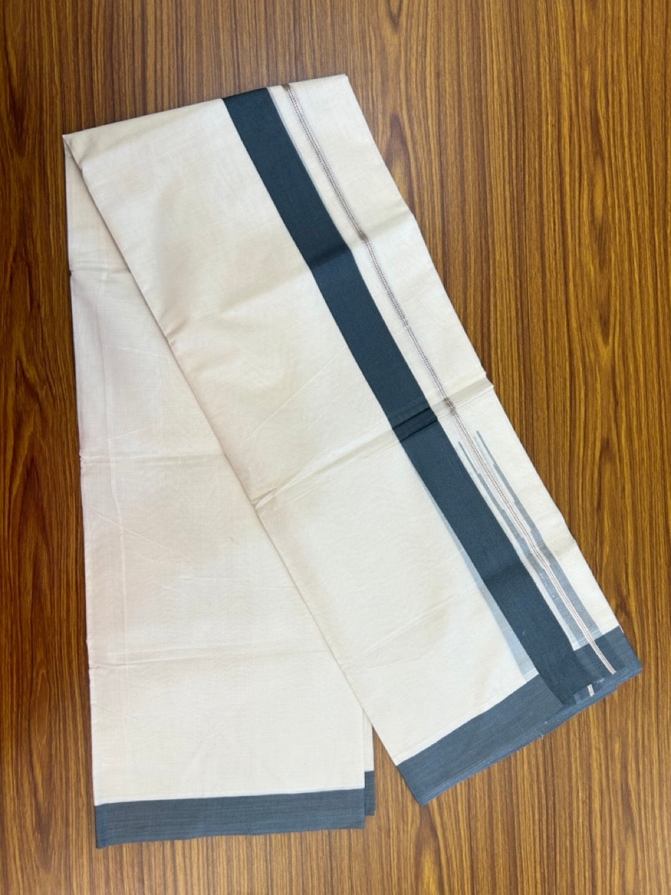 20% Discount ! KaithariKada Balaramapuram 100% Cotton Double OFF WHITE - (Unbleached) - Mundu / Dhoti- 100x80 - Puliyilakkara 1.5 inch Silver kasavu & Dark Ash Grey striped chutty Kara - 1 KK5273 VIN