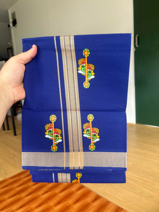 Single Kaily / Lungi- 20% Discount !! Kaitharikada - Pure Cotton - (40s) - 1.25 inch Cream Striped kathakali Printed Design Kara with Dark Blue colour Body (2 meter / 4 muzham) - 8 KK8059 GAN