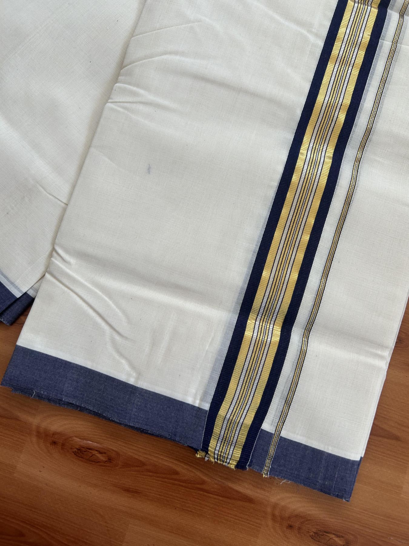 25% Discount! KaithariKada Handloom Millpaav - Kerala Handloom - Cotton Double Mundu/Dhoti Off white (Unbleached) - 80x90 - 1.5 inch Gold & Silver Kasav Navy Blue Stripes Kara 4.00 meter (8.5 Muzham) - 112 KK5383 RAM