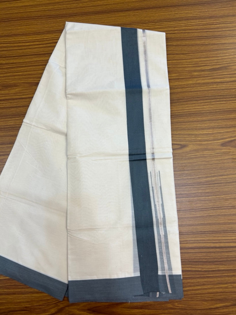 20% Discount ! KaithariKada Balaramapuram 100% Cotton Double OFF WHITE - (Unbleached) - Mundu / Dhoti- 100x80 - Puliyilakkara 1.5 inch Silver kasavu & Dark Ash Grey striped chutty Kara - 1 KK5273 VIN