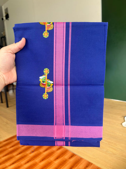 Single Kaily / Lungi- 20% Discount !! Kaitharikada - Pure Cotton - (40s) - 1.25 inch Pink Striped Kadhakali Printed Design Kara with Dark Blue colour Body (2 meter / 4 muzham) - 12 KK8059 GAN