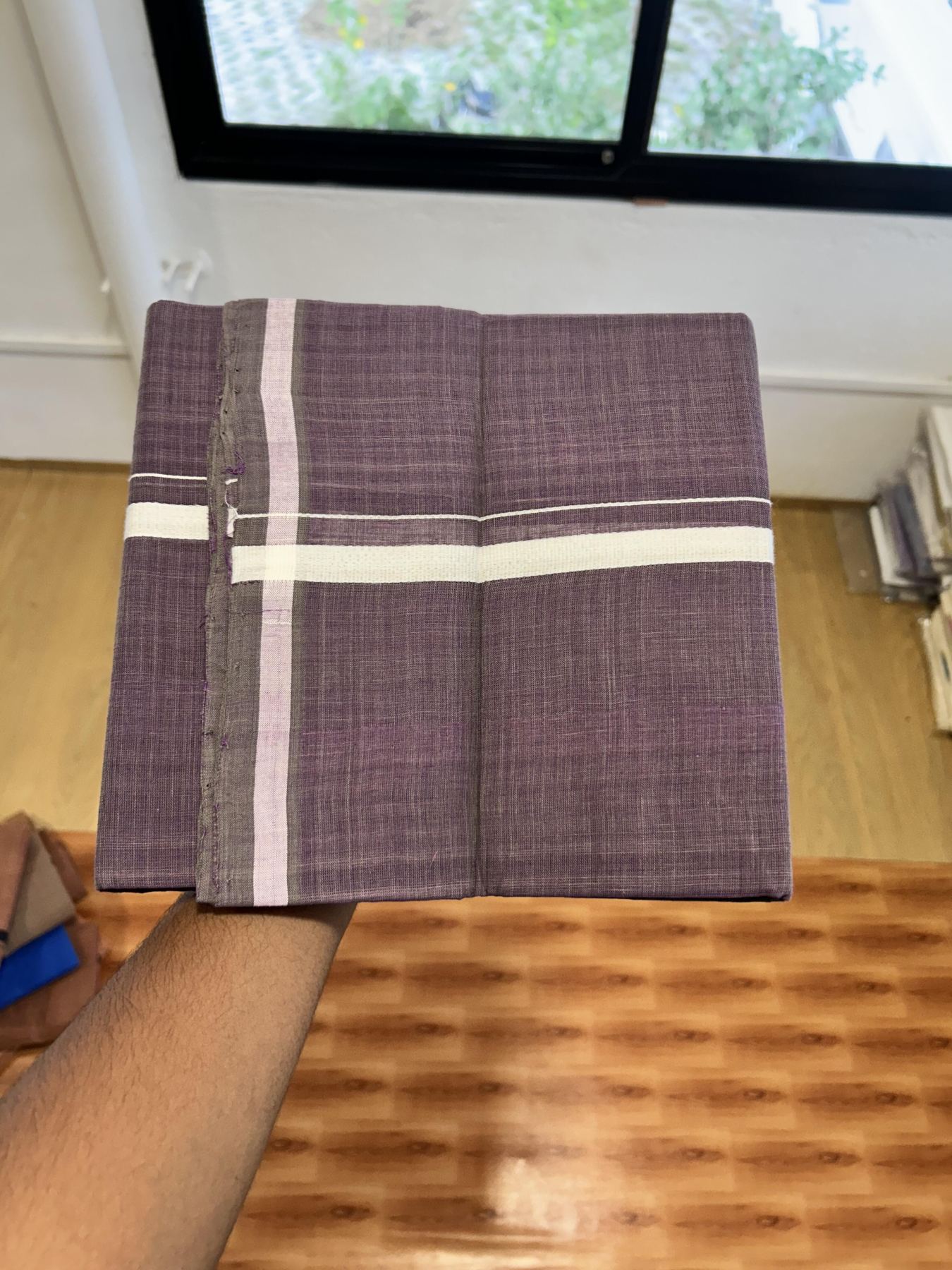 Kerala Handloom Single Kaily/Lungi - KaithariKada 100% Pure Cotton - 40s - 0.5 cm White Stripes Kara With Sage Green & Purple colour Body - (2 meter / 4 muzham) - 4 KK8065 ELA