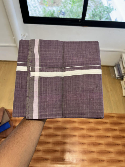 Kerala Handloom Single Kaily/Lungi - KaithariKada 100% Pure Cotton - 40s - 0.5 cm White Stripes Kara With Sage Green & Purple colour Body - (2 meter / 4 muzham) - 4 KK8065 ELA