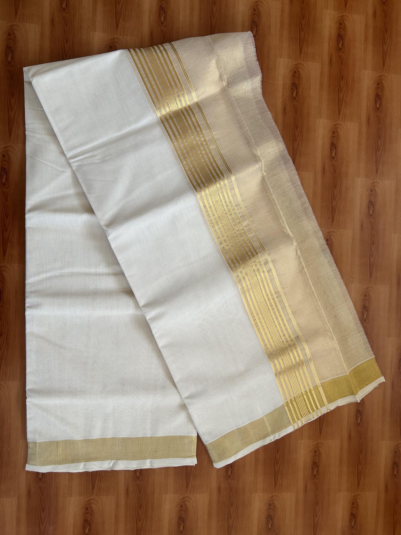 25% Discount ! KaithariKada Handloom Milpaav  - Kerala Handloom - Pure Cotton Off White - (Unbleached) Double Mundu/Dhoti - 80X90 - 6.75 inch Gold Kasav Striped & Half Tissue Kara 4 mtr (8.5 Muzham) - 45 KK5383 RAM