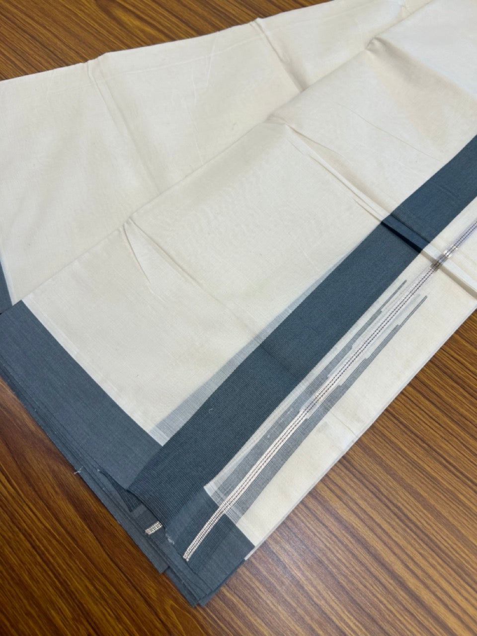 20% Discount ! KaithariKada Balaramapuram 100% Cotton Double OFF WHITE - (Unbleached) - Mundu / Dhoti- 100x80 - Puliyilakkara 1.5 inch Silver kasavu & Dark Ash Grey striped chutty Kara - 1 KK5273 VIN