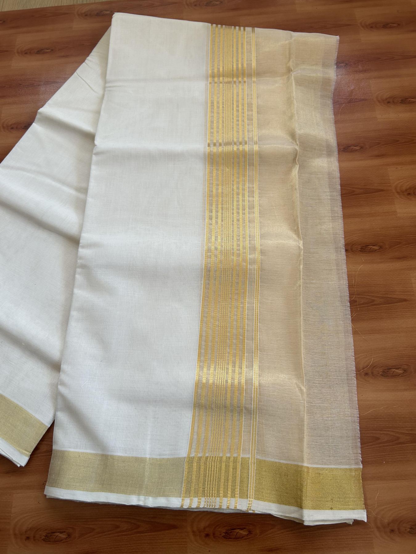 25% Discount ! KaithariKada Handloom Milpaav  - Kerala Handloom - Pure Cotton Off White - (Unbleached) Double Mundu/Dhoti - 80X90 - 6.75 inch Gold Kasav Striped & Half Tissue Kara 4 mtr (8.5 Muzham) - 45 KK5383 RAM